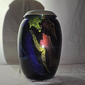 Signed 2001 Studio Hand Blown Art Glass Vase Amber Multi Metallic Flake 9"H